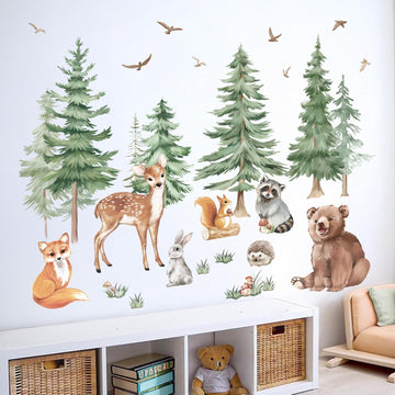 Large Mountain Tree Wall Stickers,Woodland Animal Wall Decals Include Fox,Peel,Bear for Kids Room Baby Nursery Bedroom Wall Decor