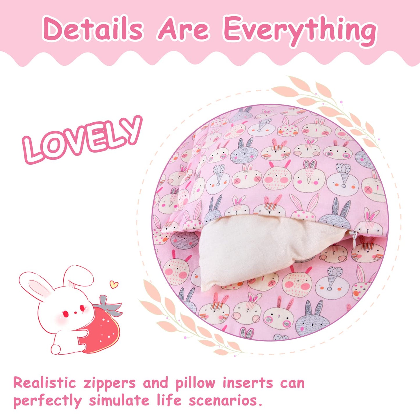 Pink Rabbit Print Doll Bedding Set - Mattress, Pillow & Blanket for 18 Inch Dolls - Includes 1 Mattress, 1 Pillow, 2 Blankets - Cute Doll Accessories