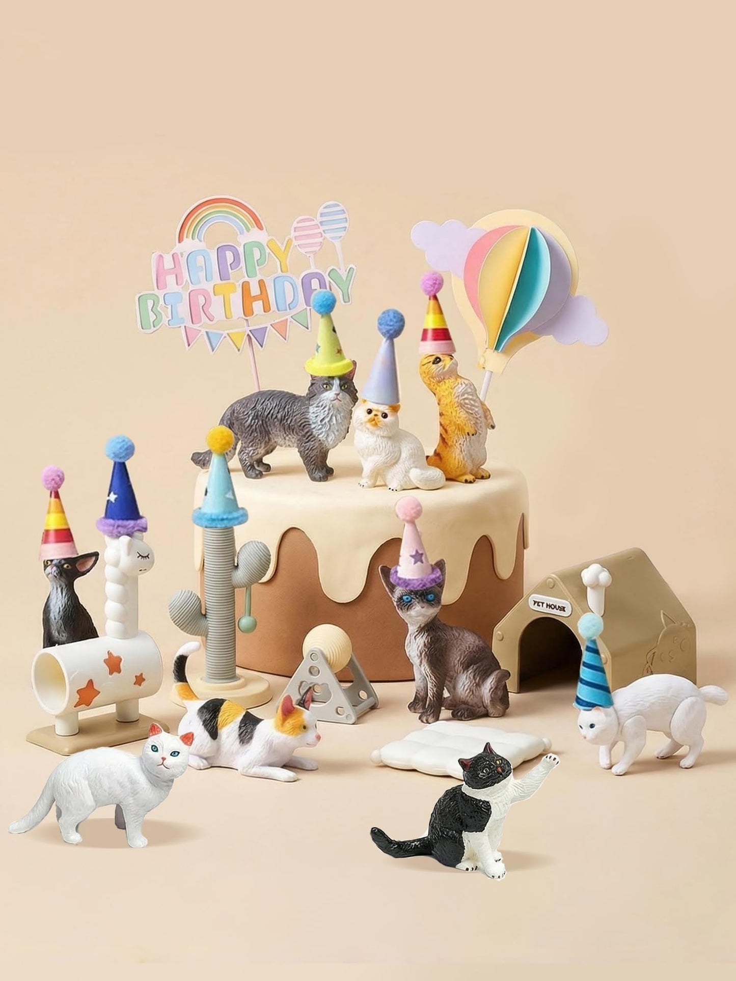 25 Pcs Cat Cake Topper Set - Resin Animal Figurines with Mini Party Hats, Cat Themed Birthday Decorations, Cupcake Toppers, Cat Lover Gifts, Desk