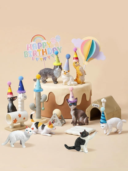 25 Pcs Cat Cake Topper Set - Resin Animal Figurines with Mini Party Hats, Cat Themed Birthday Decorations, Cupcake Toppers, Cat Lover Gifts, Desk