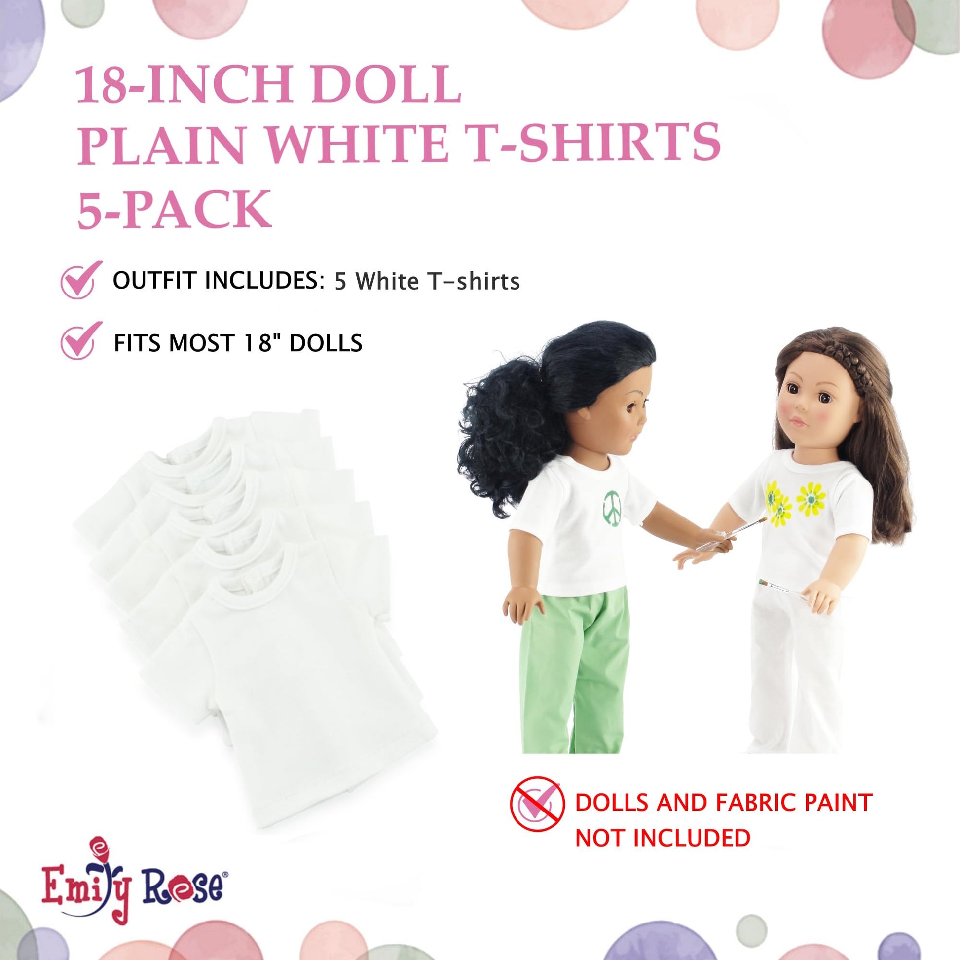 Emily Rose 5-Pack Bright White 18 Inch Doll Clothes Premium T-Shirts