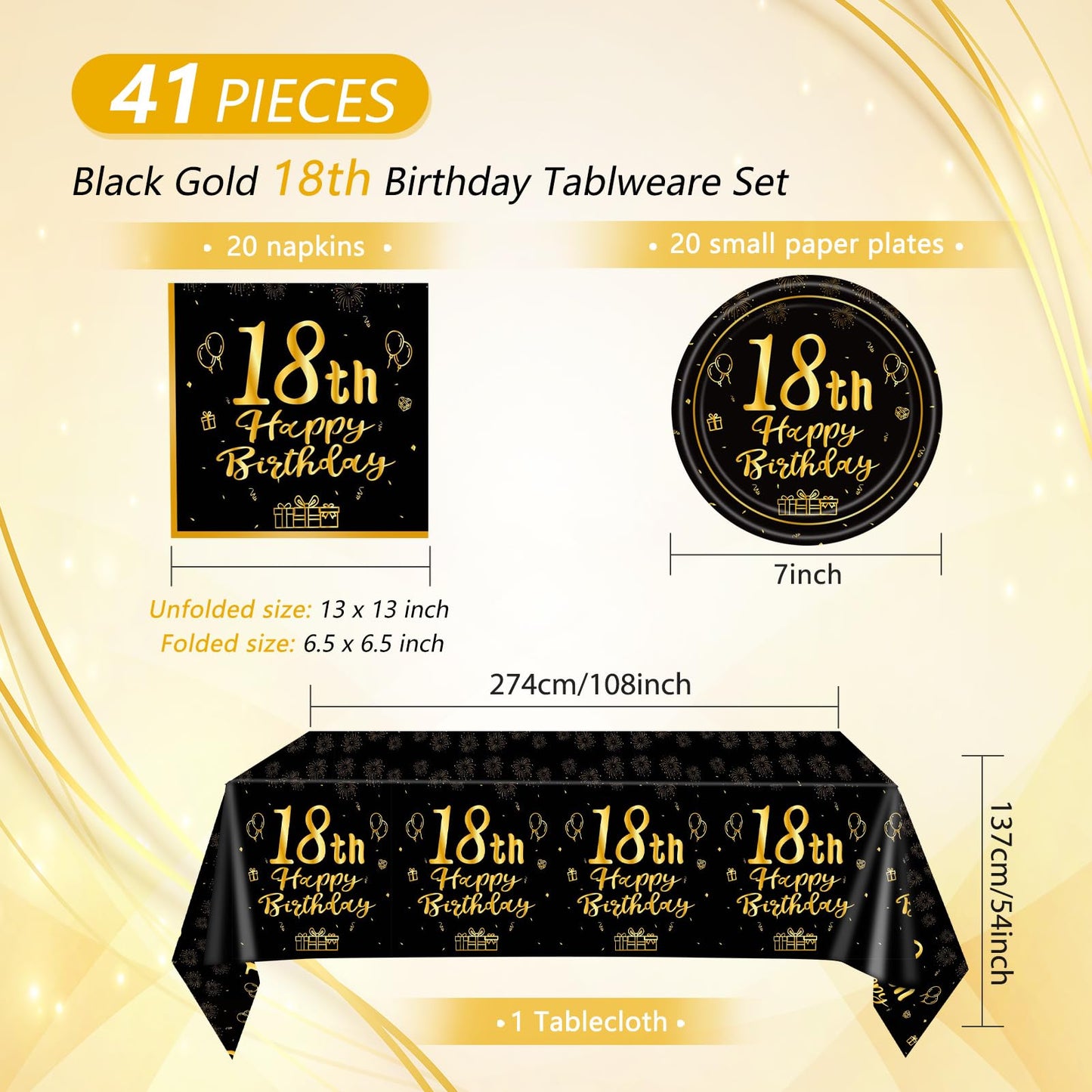 41PCS Happy 18th Birthday Decrations for Boys Girls Black Gold Themed Disposable Tableware Decor Includeing Plates Napkins Tablecloth for Eighteen