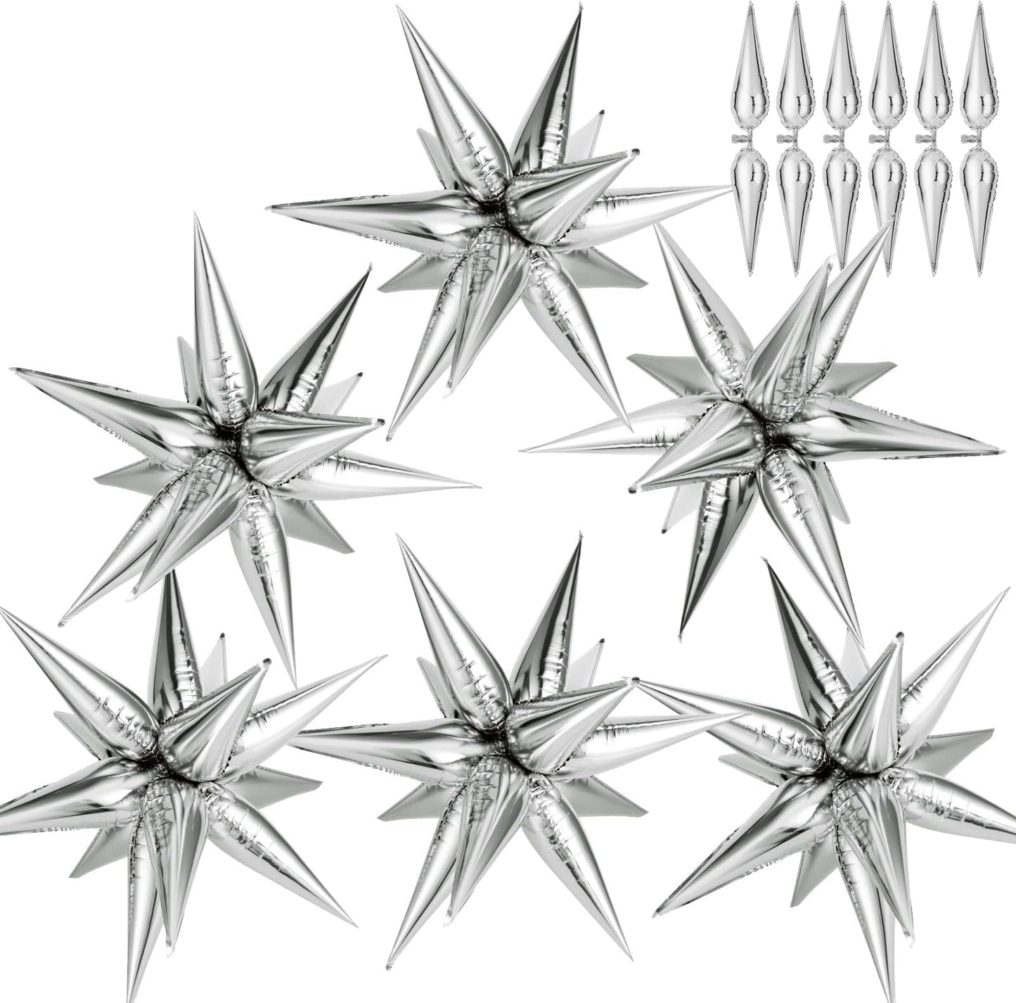74 PCS Silver Star Balloons, 12 Point Star Foil Mylar Balloons Spike Explosion Cone Balloon for Party Decorations Supplies, Birthday, Wedding, Baby