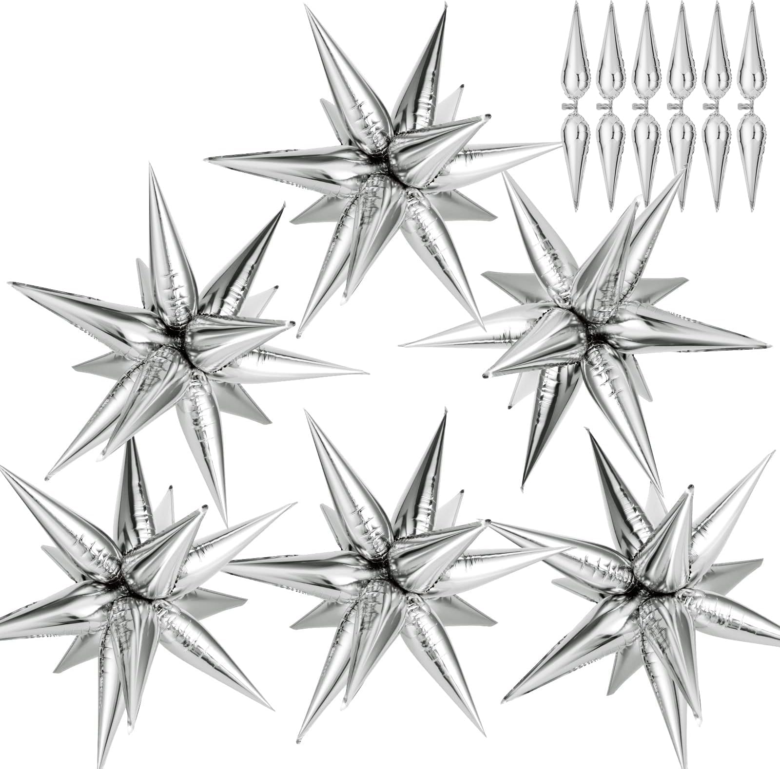 74 PCS Silver Star Balloons, 12 Point Star Foil Mylar Balloons Spike Explosion Cone Balloon for Party Decorations Supplies, Birthday, Wedding, Baby