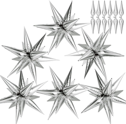 74 PCS Silver Star Balloons, 12 Point Star Foil Mylar Balloons Spike Explosion Cone Balloon for Party Decorations Supplies, Birthday, Wedding, Baby