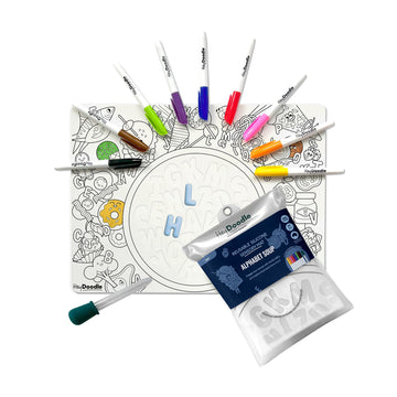 HeyDoodle Alphabet Soup Sensory Mat for Kids - Reusable Silicone Coloring Mat with 9 Markers and Water Dropper - Mess-Free Toddler Activity Pad