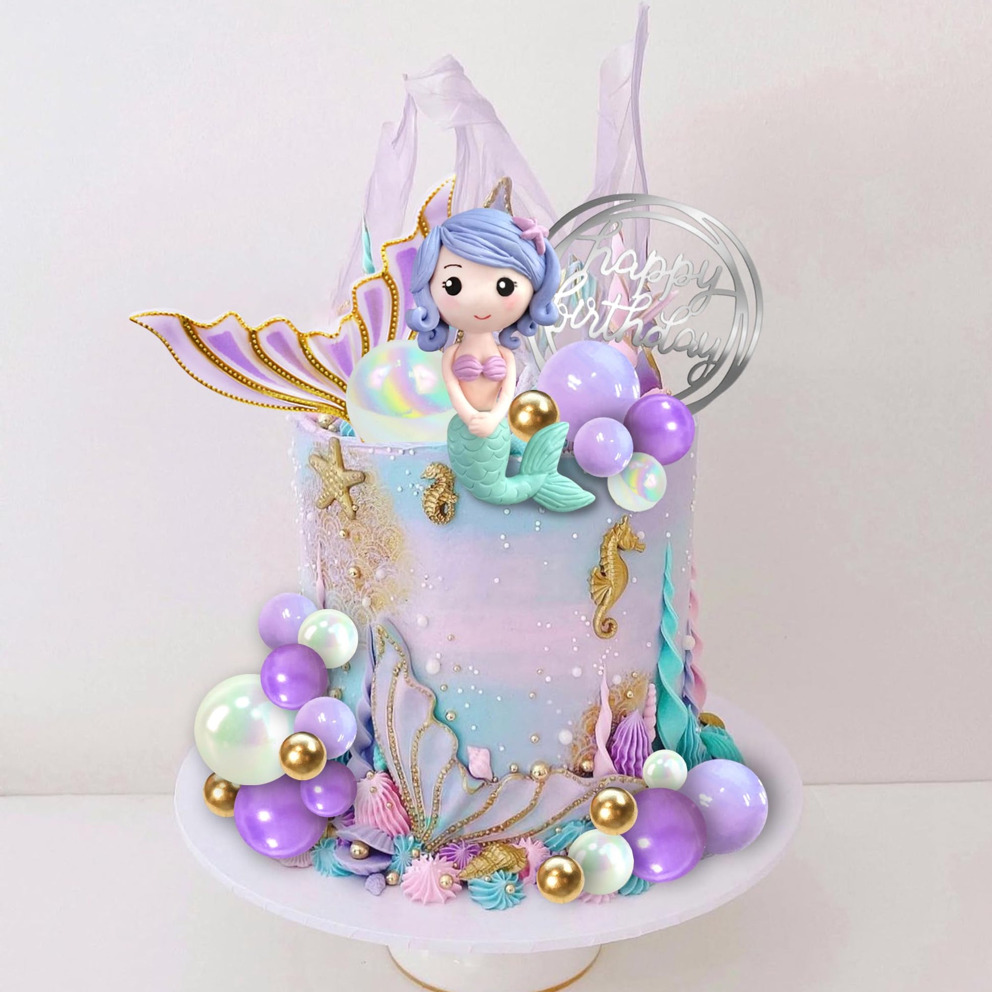 Mermaid Cake Toppers Under the Sea Tail Cake Decorations Gold Purple Pearl Ball for Mermaid Theme Birthday Supplies (Style 2)