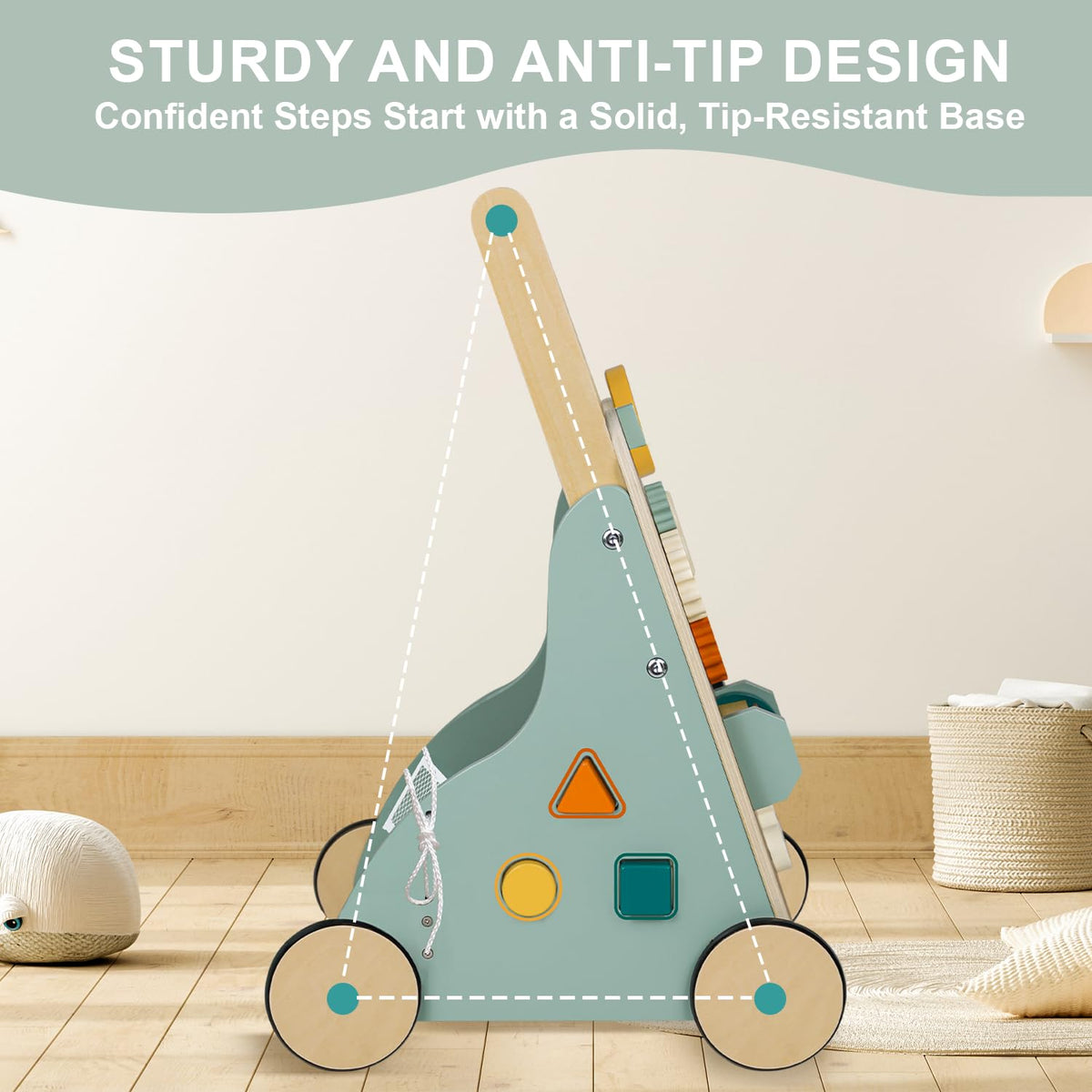 MILEFUN Adjustable Wooden Baby Walker - Montessori Push Toy for 1 Year Old with Rocket-Themed Activity Center, Sit-to-Stand Walker Gift for Boys