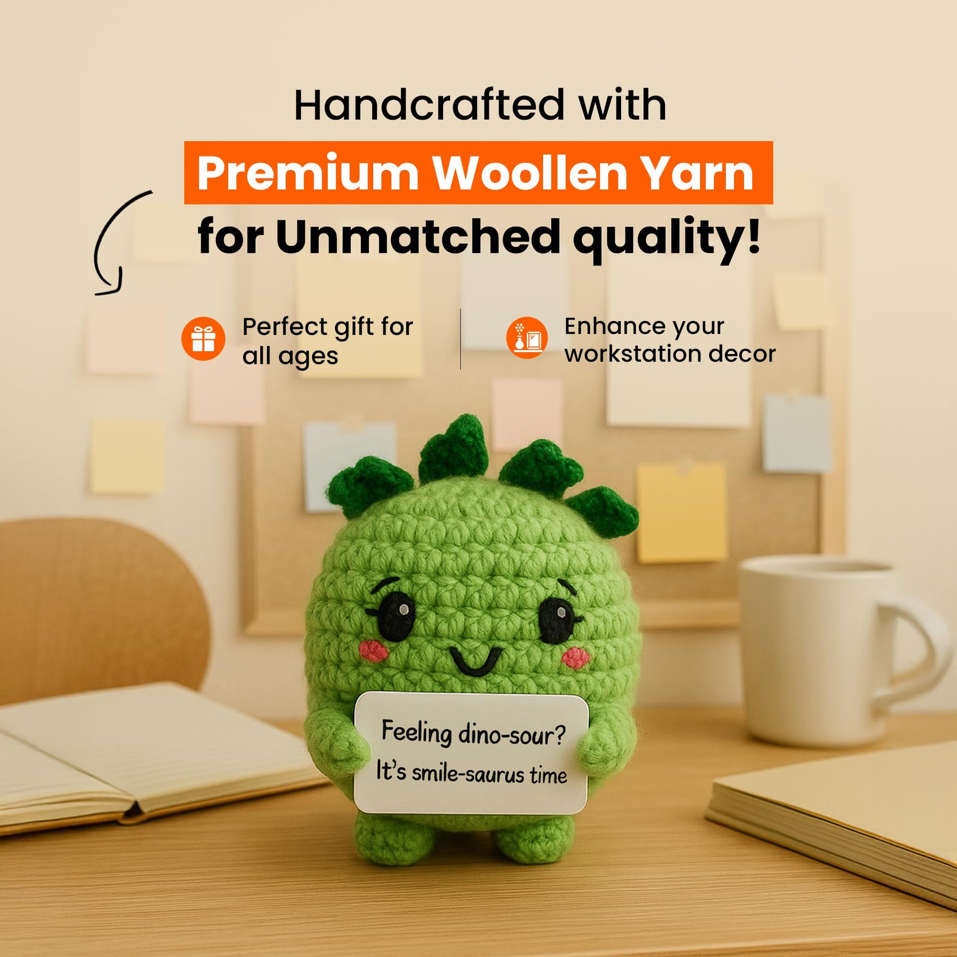 AltrEgo Emotional Support Positive Dashing Dino Crochet Toy, Handmade, with Message Card | Anniversary Birthday Gratitude Couple Mini, Décor