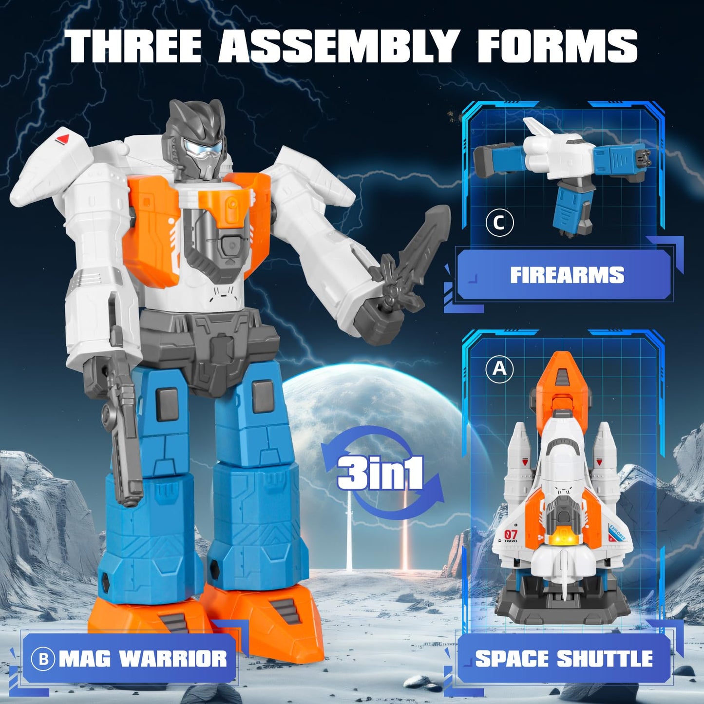 MIEBELY Magnetic Transform Robot Toy, 3 in 1 Large STEM Construction Transforming Toy for Toddlers, Kids Action Figure Robot for Boy and Girls