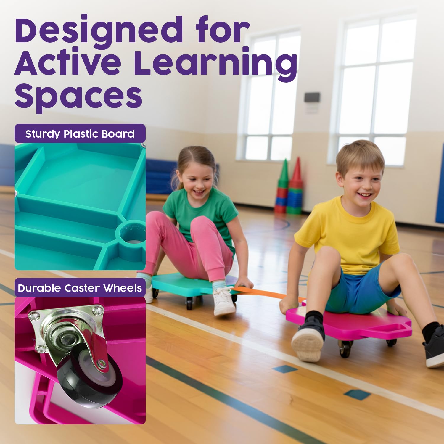 Hurtle Scooter Boards for Kids with Safety Handles, 2-Pack Heavy Duty Gym Floor Scooters with 360° Wheels for PE, Indoor Active & Sensory Play