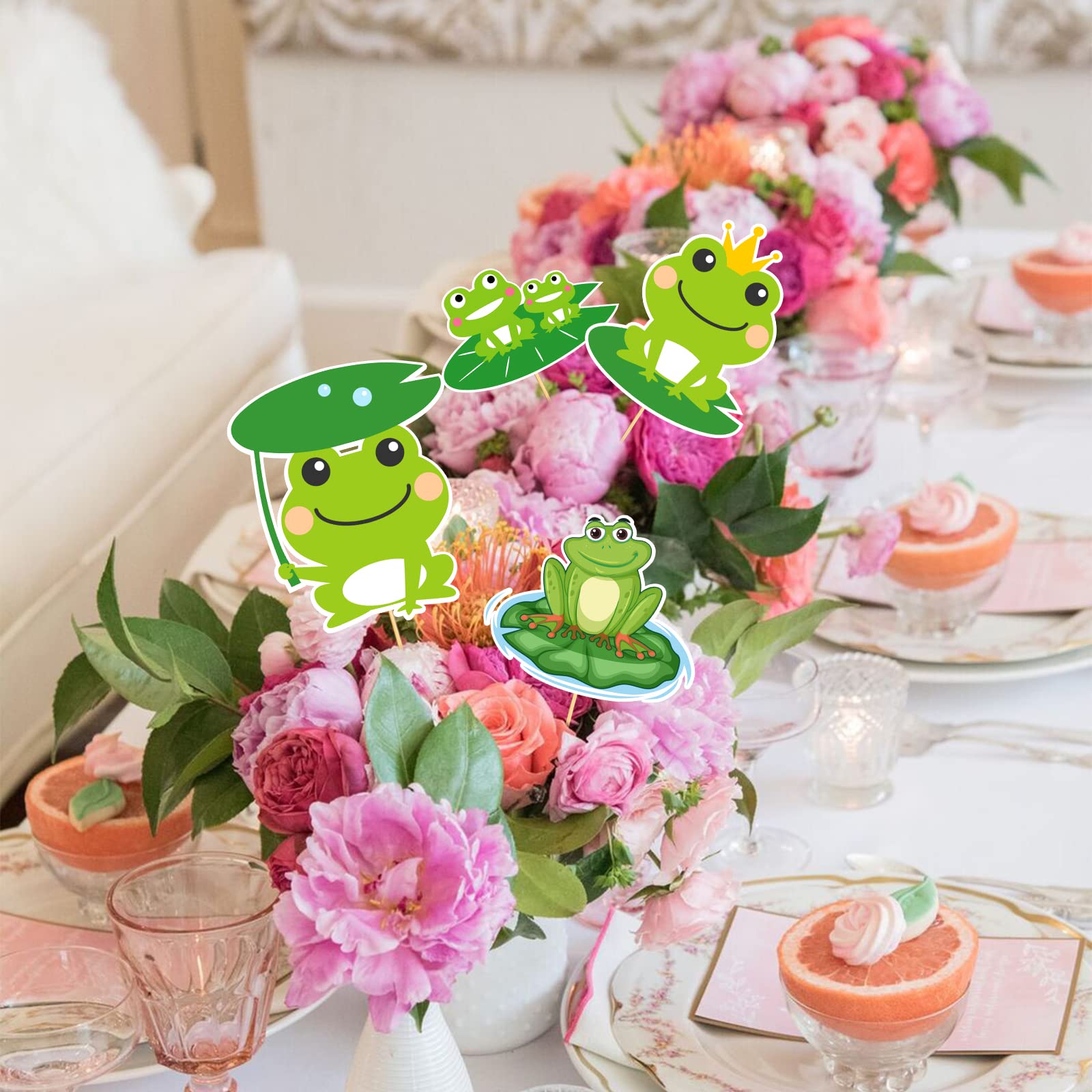 MEFENG 16Pcs Frog Table Centerpieces Sticks - Baby Shower Table Topper - Rainforest Party Decor- Prince Frog Birthday Photo Booth Props - Kids