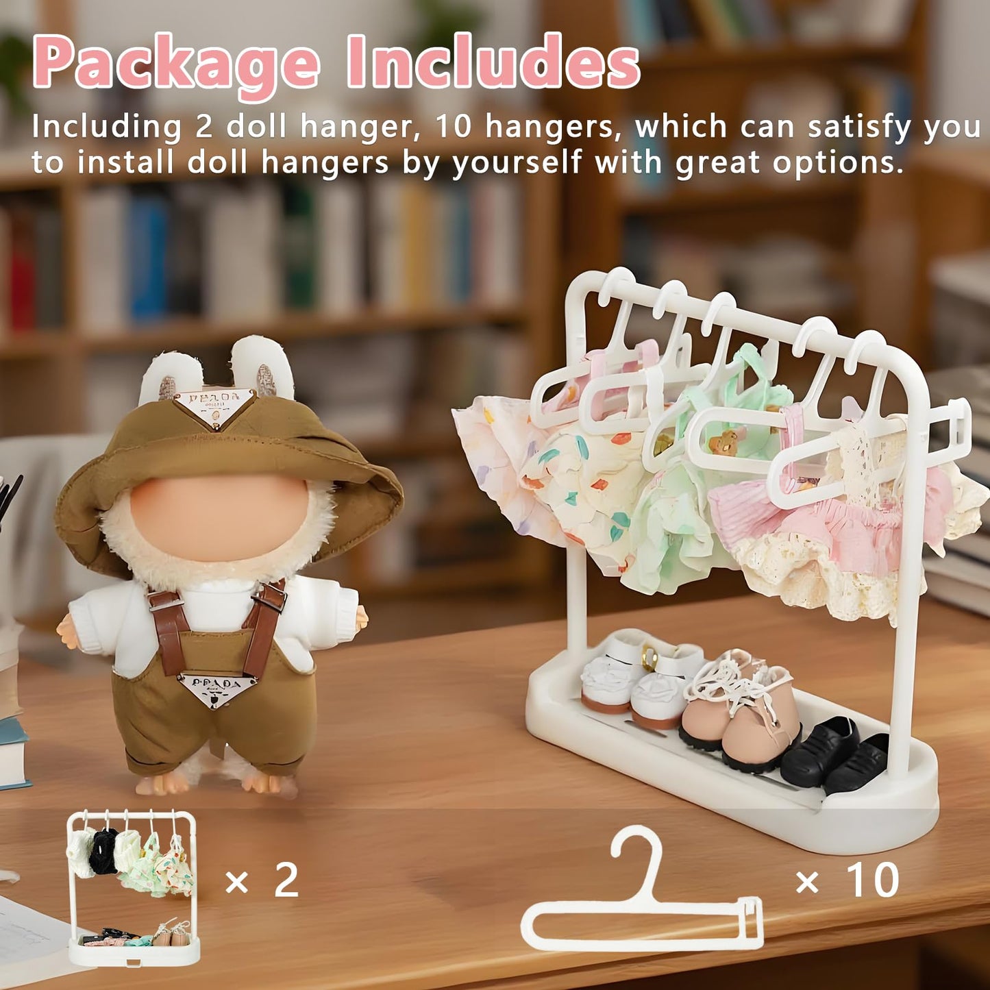 Satakara Doll Clothes Hanger & Rack Set - 2 Stands + 10 Hangers, Durable Plastic Dolls Wardrobe Organizer for Dollhouse Decor, White
