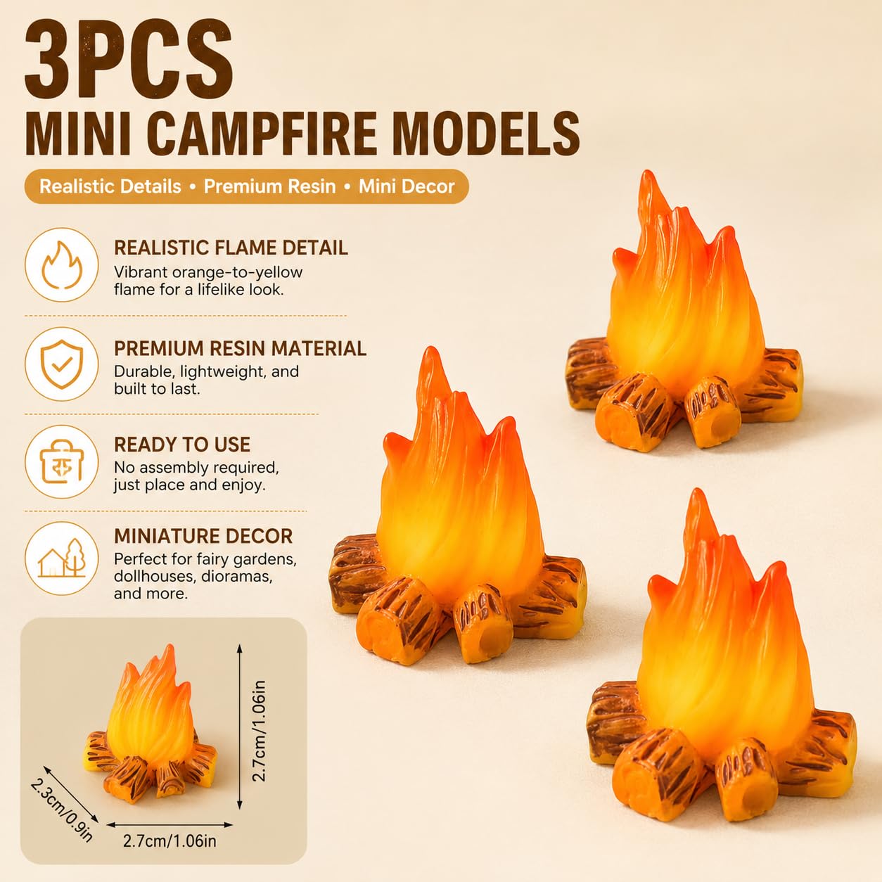 Essivox 3Pcs Miniature Resin Campfire Models, Halloween Decor, Micro Landscapes, Creative Displays