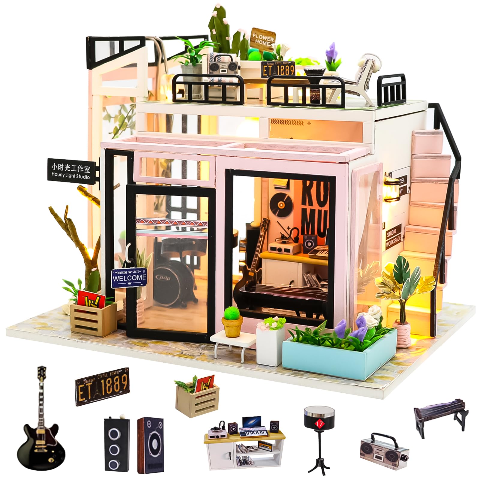 Spilay DIY Miniature Dollhouse Kit with Wooden Furniture,DIY Dollhouse Kit with Dust Proof and Music Movement,1:24 Scale Creative Room for Romantic