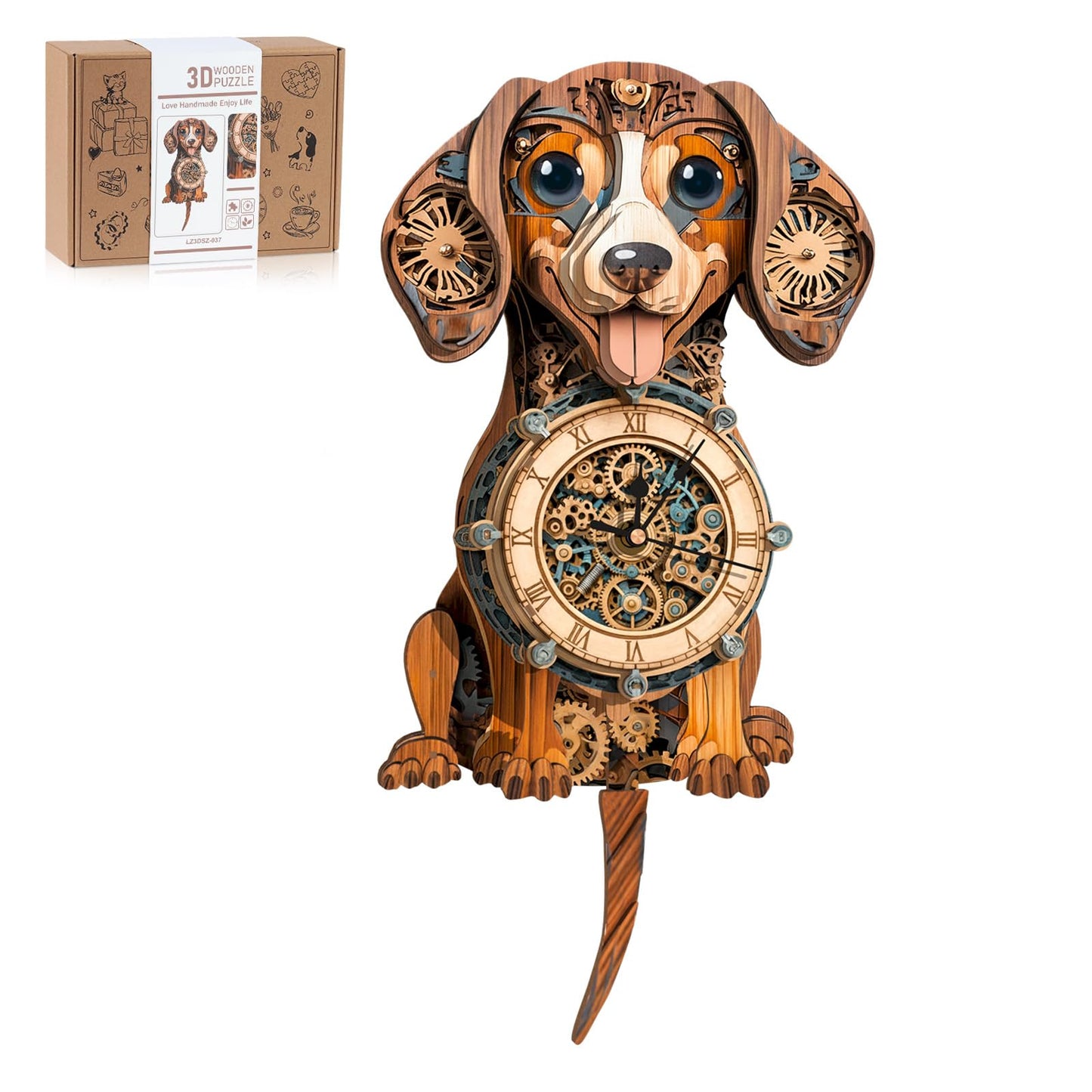 3D Wooden Puzzles for Adults, Dachshund Clock with Pendulum Model Kit, 3D Puzzles for Adults Room Home Decor DIY Wall Clock Kit, Holiday Birthday