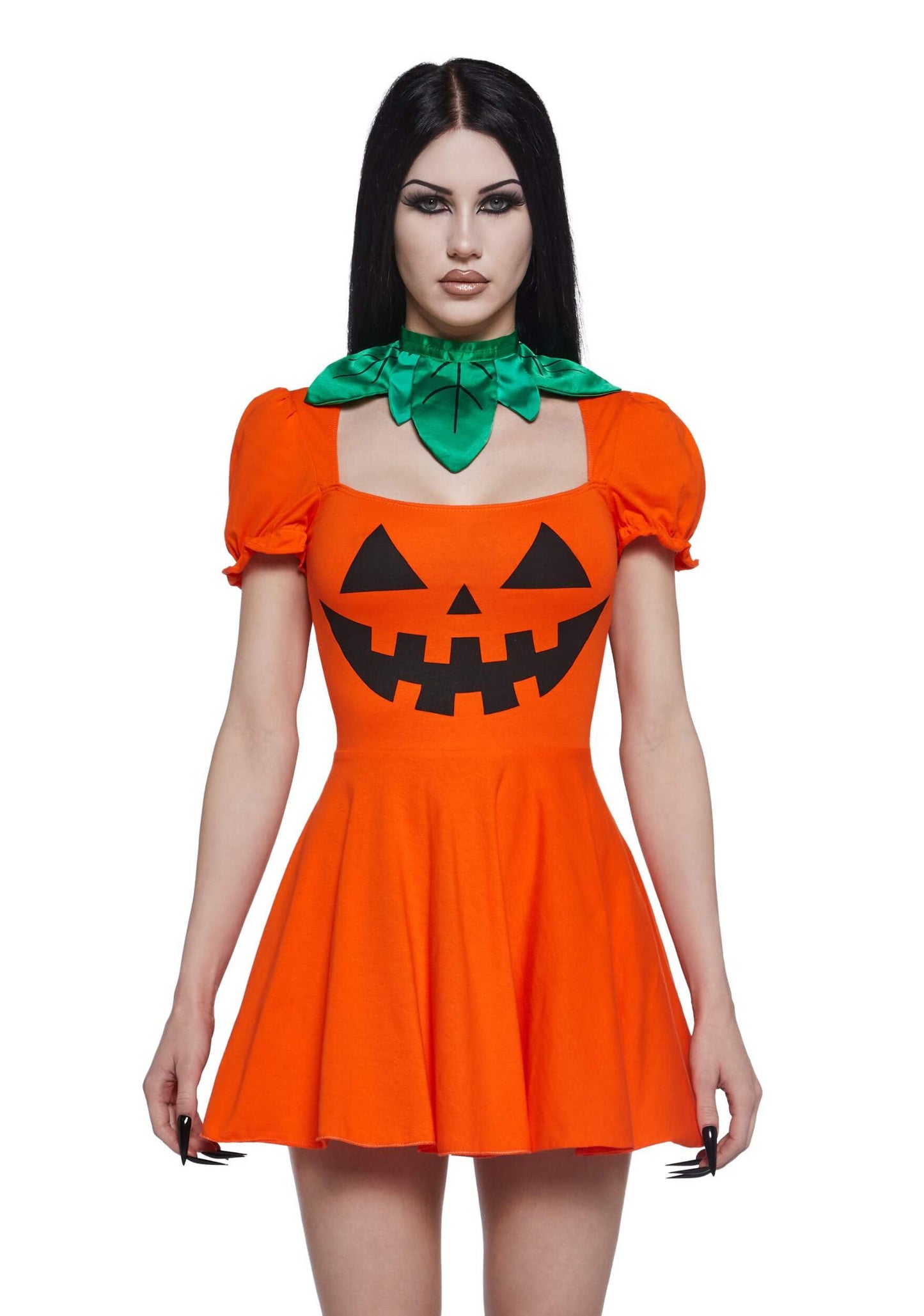 Dolls Kill Pumpkin Dress by Trickz N’ Treatz - Women’s Orange Jack-O’-Lantern Mini Dress with Puff Sleeves & Leaf Collar, Orange, X-Small