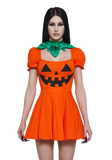 Dolls Kill Pumpkin Dress by Trickz N’ Treatz - Women’s Orange Jack-O’-Lantern Mini Dress with Puff Sleeves & Leaf Collar, Orange, X-Small