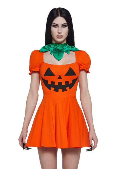 Dolls Kill Pumpkin Dress by Trickz N’ Treatz - Women’s Orange Jack-O’-Lantern Mini Dress with Puff Sleeves & Leaf Collar, Orange, X-Small