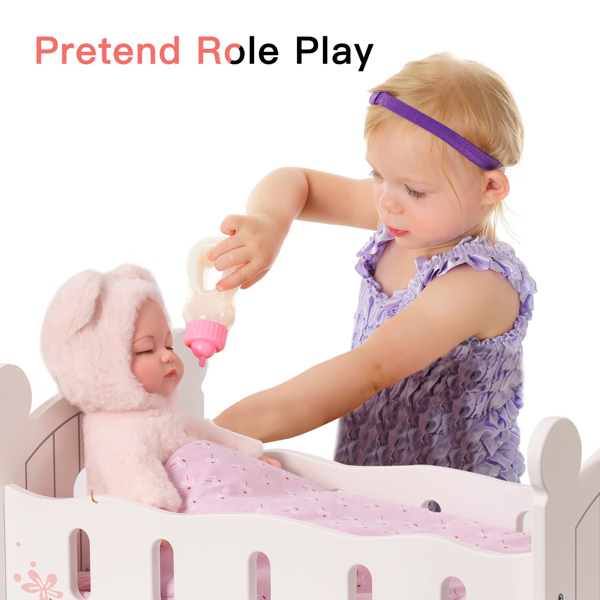 ROBUD Wooden Baby Doll Crib, Baby Doll Bed Toys, Fits Up to 18 Inch Doll Accessories, White