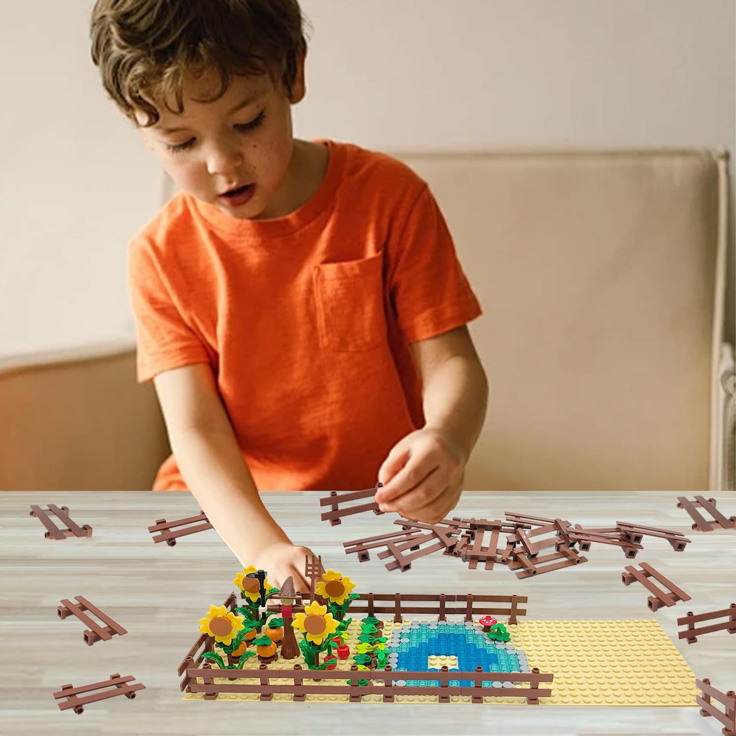 24pcs 1x8 Fences Building Block Toy Garden Farm Pieces Accessories Brown Fence Compatible with Major Brand