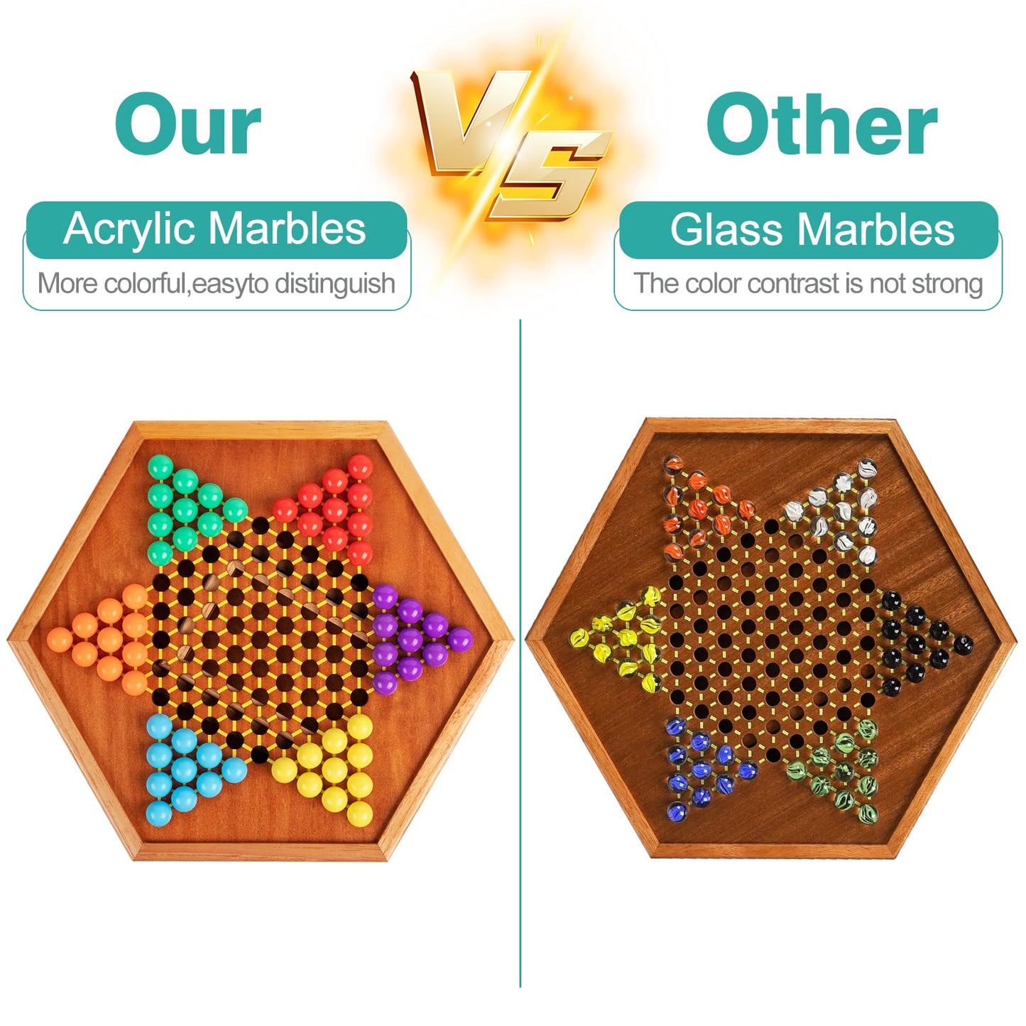 HOLYKING 12.6" Wooden Chinese Checkers Board Game with Storage Drawer - 72 Acrylic Marbles (60+12 Spares), Classic Strategy Game for Family Night, 2-6