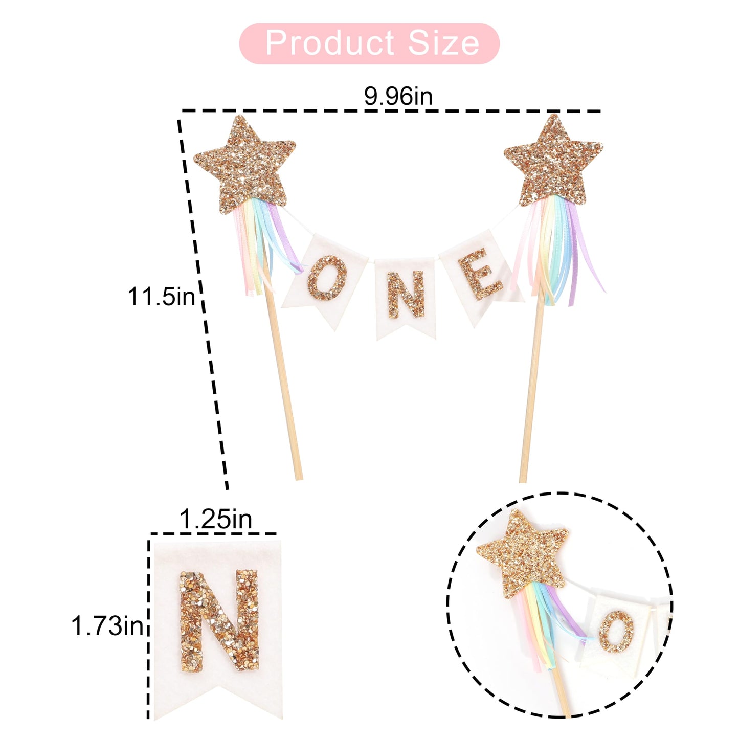 Gold Star Rainbow Cake Topper - First Birthday Pastel Rainbow Cake Topper, Shooting Star Cake Pick, Girl 1st Birthday Cake Decoration, Little Princess