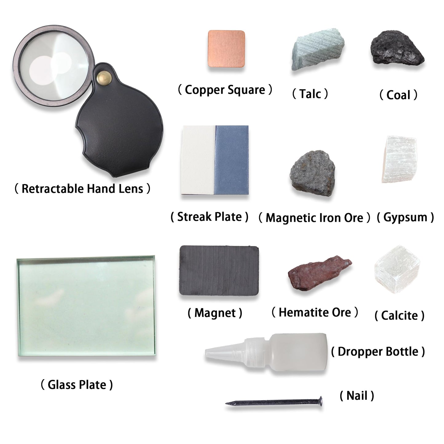 GeLaozee Mineral ID Kit - 13 Pieces - Includes Dropper Bottle, Streak Plate, Glass Plate, Magnet, Nail, Copper Sheet, Retractable Hand Lens, Rock