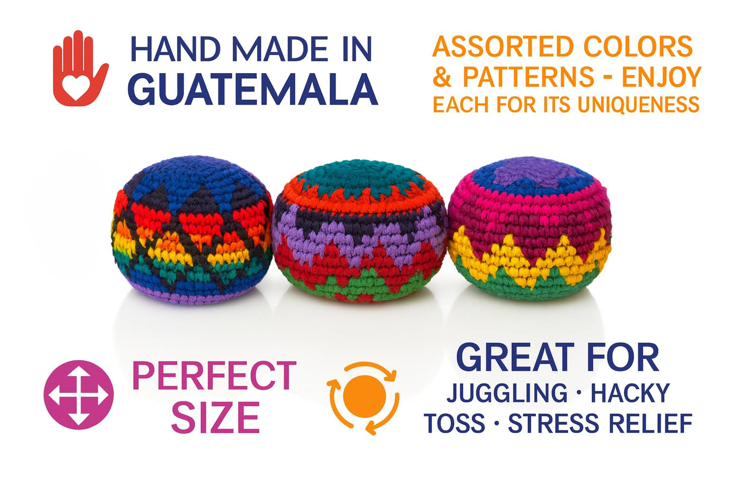 Funny Guy Mugs Footbag Set (3 Pack) - Handmade in Guatemala Crochet Hacky Kick Sack Balls - Footbag Juggling Balls for Outdoor Play, Party Games