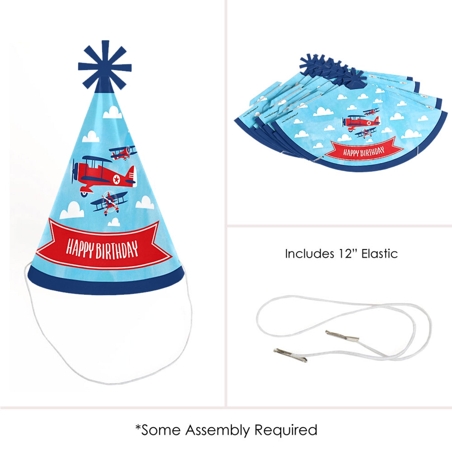 Big Dot of Happiness Taking Flight - Airplane - Cone Happy Birthday Party Hats for Kids and Adults - Set of 8 (Standard Size)
