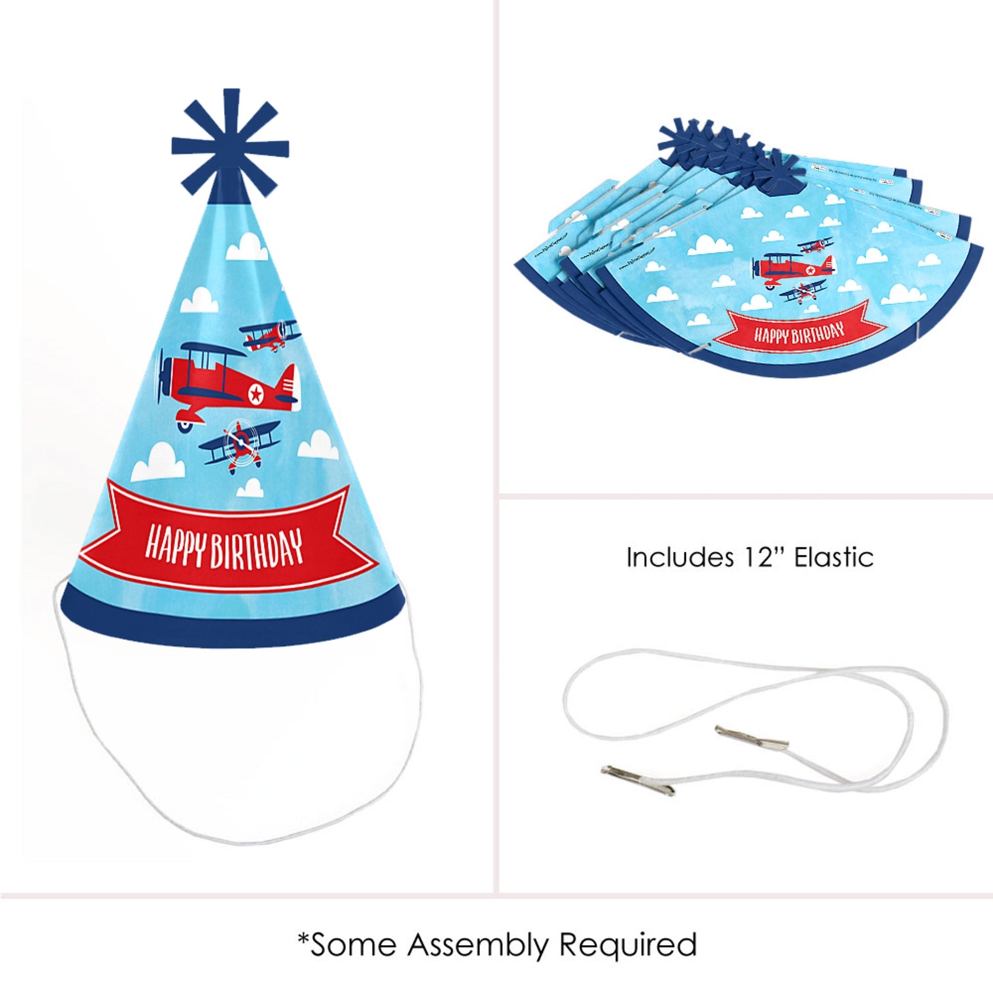 Big Dot of Happiness Taking Flight - Airplane - Cone Happy Birthday Party Hats for Kids and Adults - Set of 8 (Standard Size)