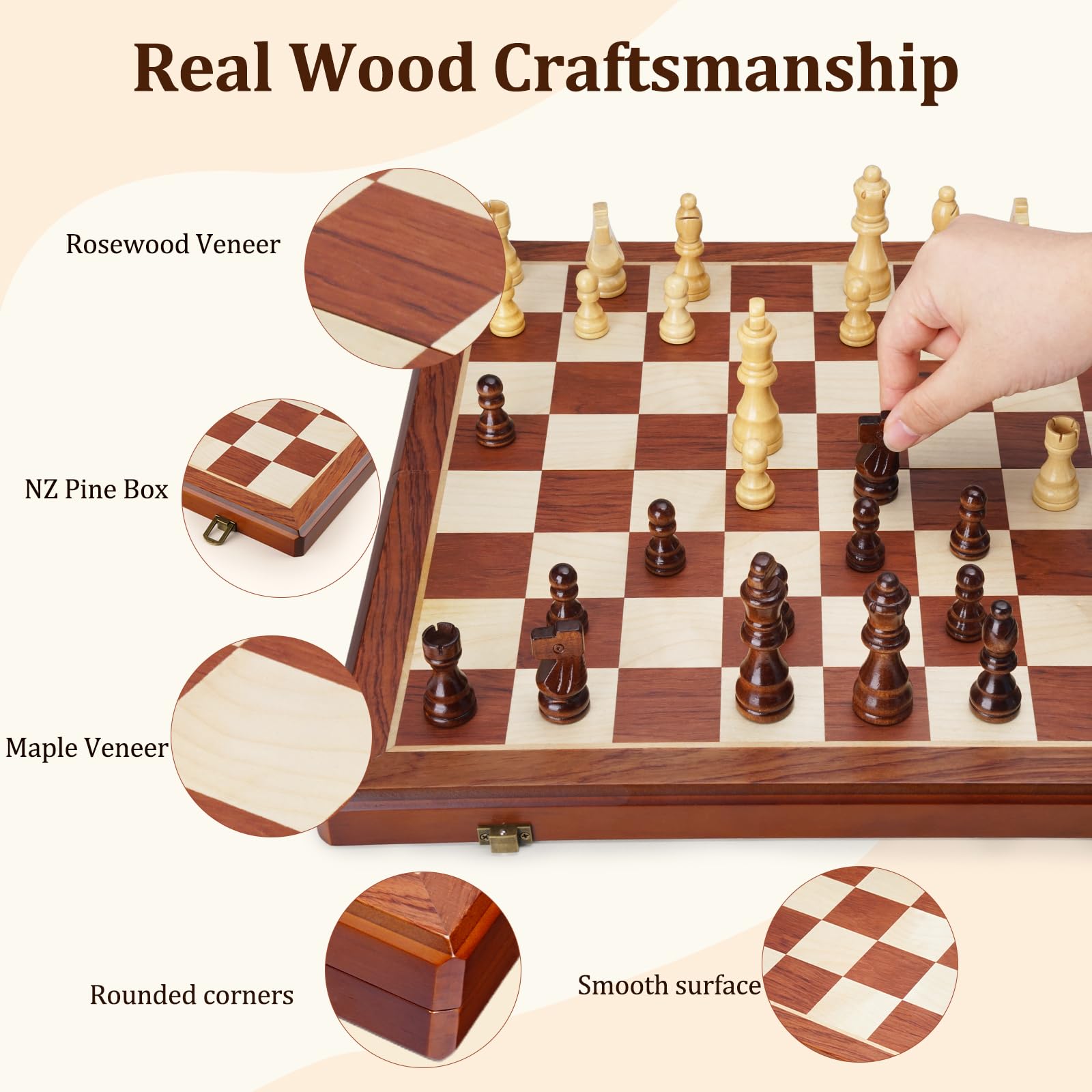 15.4" Magnetic Wooden Chess Set for Adults & Kids, Handcrafted Foldable Chess Board with Individual Storage Slots, 2 Extra Queens, Portable Travel