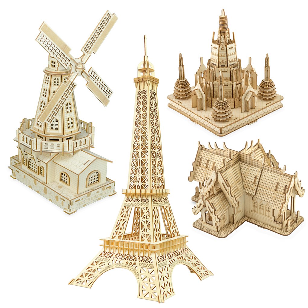 Bitopbi 3D Wooden Puzzles Laser Engraving DIY Safe Assembly Constructor Kit Toy for Teens and Adults, World Famous Buildings Mechanical 3-D Models