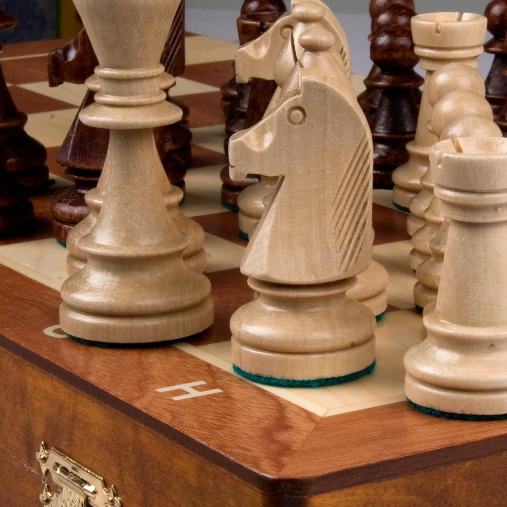 Wegiel Handmade European Professional Tournament Chess Set - Wooden 21 Inch Folding Board with Felt Base & Hand Carved Chess Pieces - Compartment