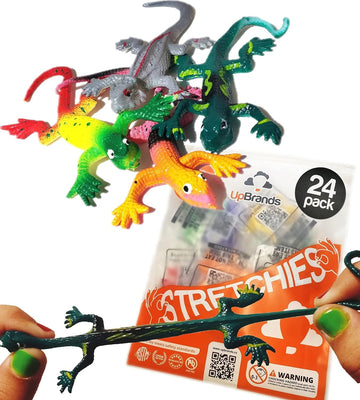 UpBrands 24 Painted Stretchy Lizards Toys 3 Inches Bulk Set, 4 Models, Kit for Birthday Party Favors for Kids, Goodie Bags, Easter Egg Basket