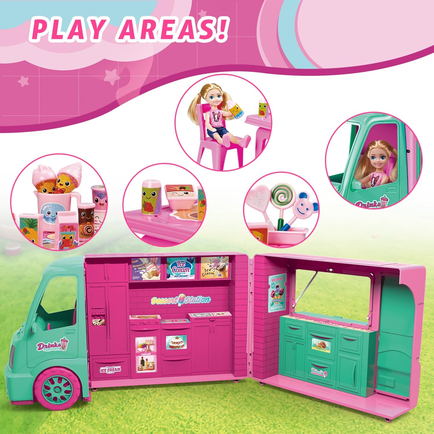 Dollhouse Ice Cream Truck Playset for Girls - Kids Kitchen Pretend Play Food Dessert Truck Toy with Doll, Table, Chairs & Accessories - Birthday Gift