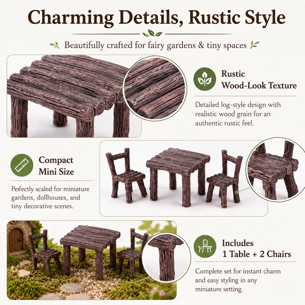 Miniature Furniture Set, Mini Table and Chairs, Wooden Garden Decor for Tiny Houses, Micro Landscape Accessories (A-1)