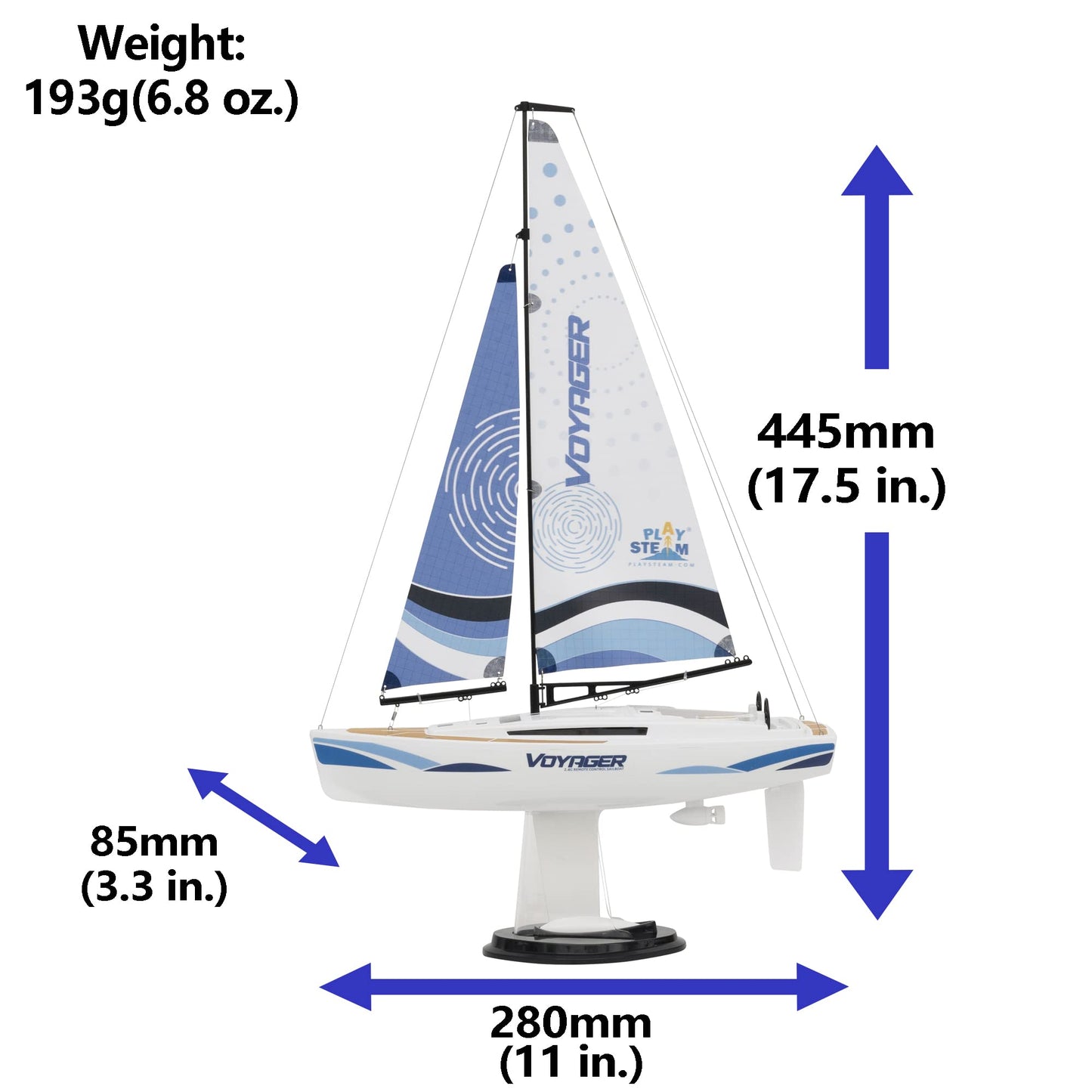 PLAYSTEAM Voyager 280 2.4GHz RC Motor Powered Sailboat in Blue - 17.5" Tall