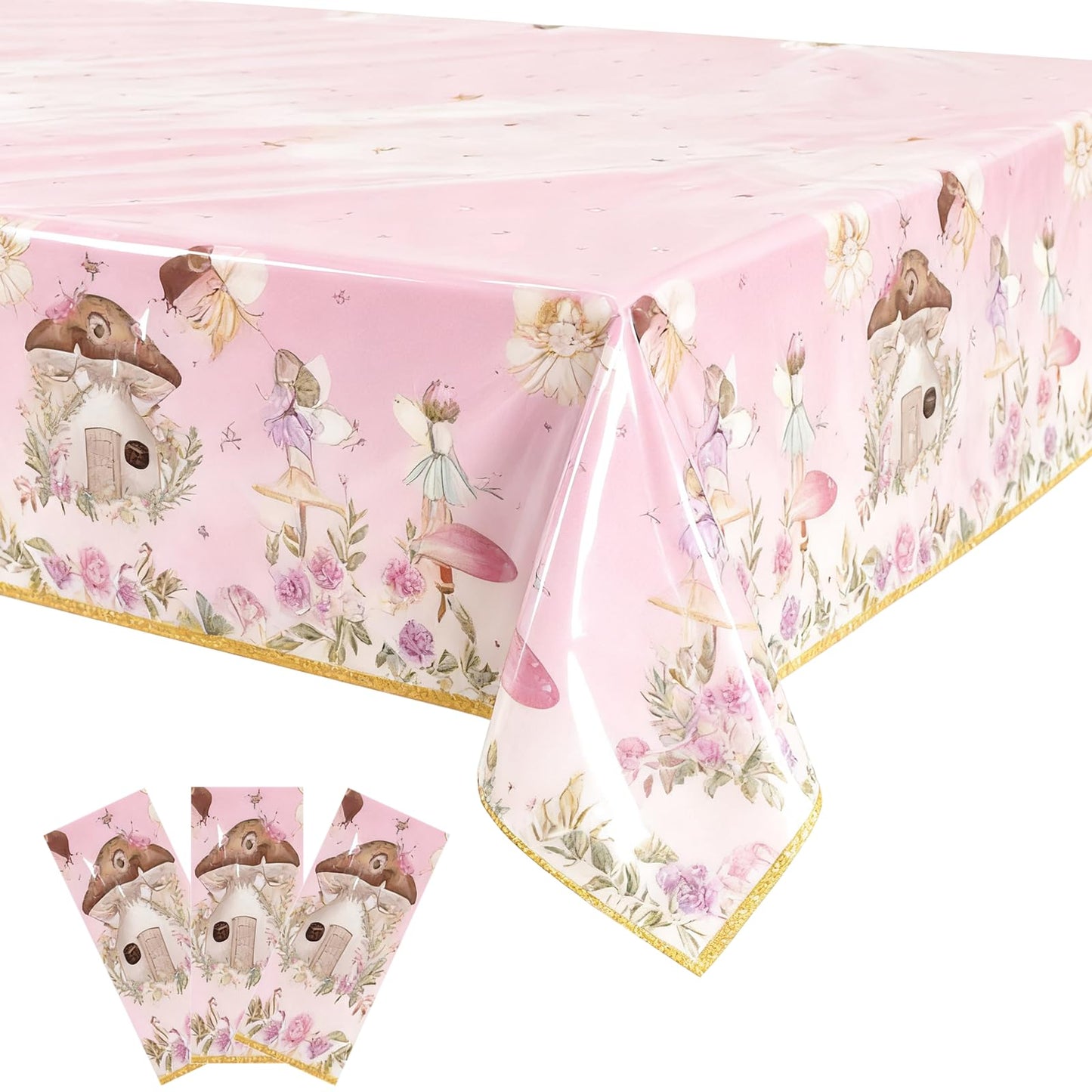 Bphweulko 3pcs Fairy Party Tablecloths, Enchanted Floral Plastic Table Covers for 1st 2nd Birthday & Baby Shower, 54x108 Inches (Pink)