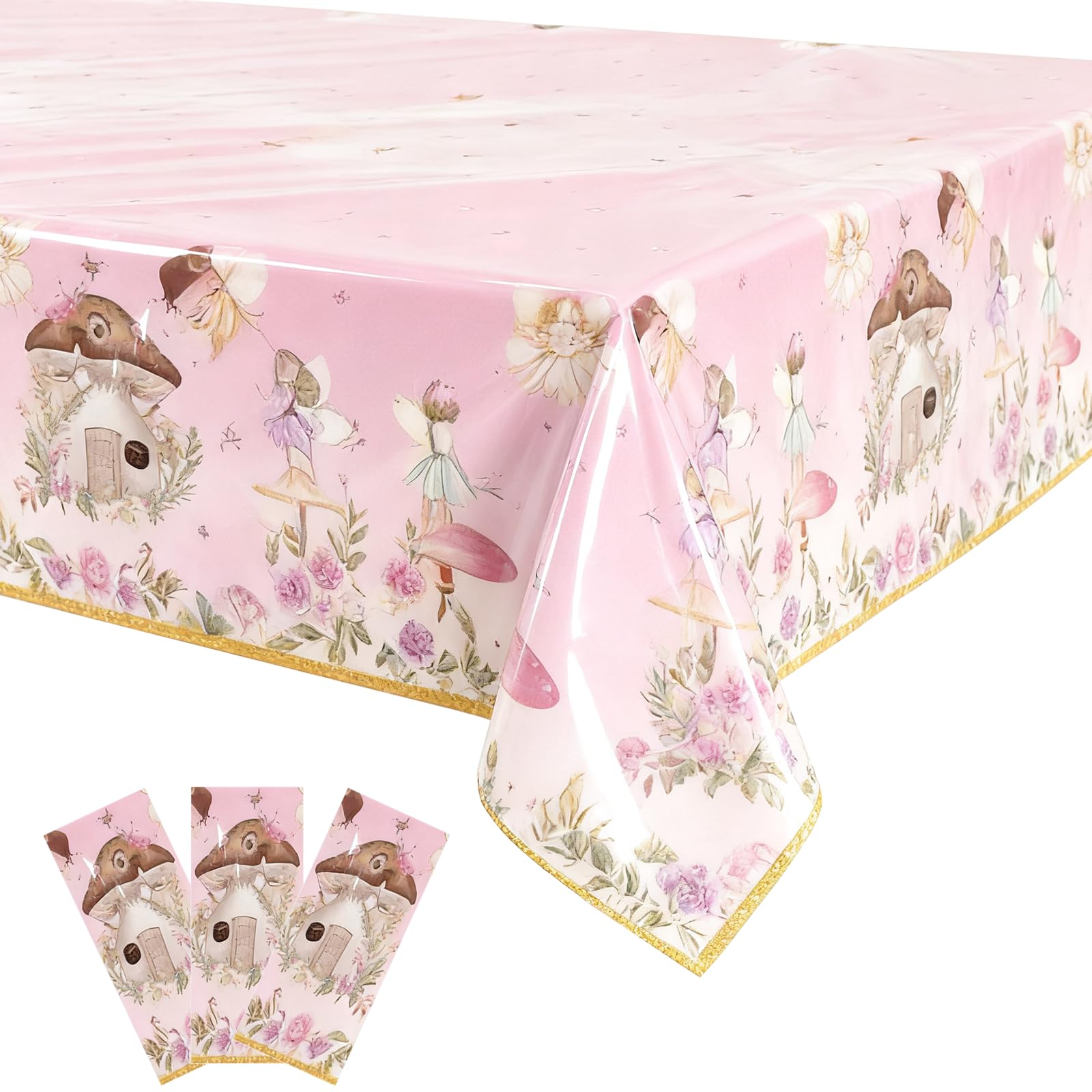 Bphweulko 3pcs Fairy Party Tablecloths, Enchanted Floral Plastic Table Covers for 1st 2nd Birthday & Baby Shower, 54x108 Inches (Pink)