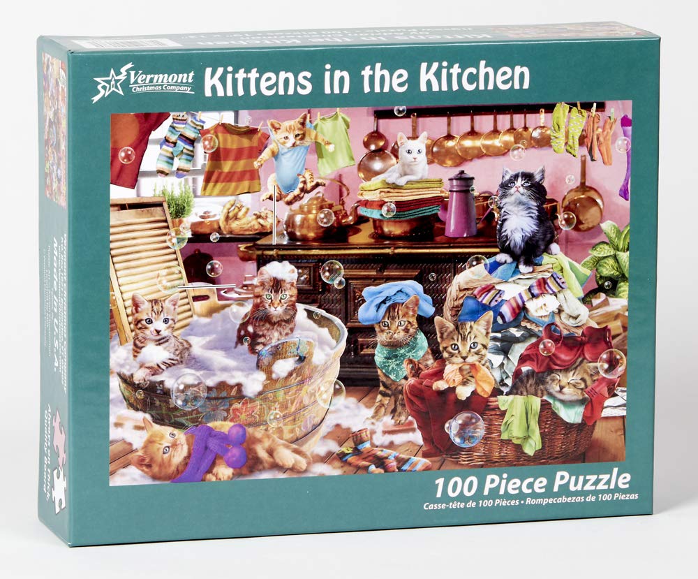 Vermont Christmas Company Kittens in The Kitchen Jigsaw Puzzle 100 Piece, Large Pieces Perfect for Kids and Seniors