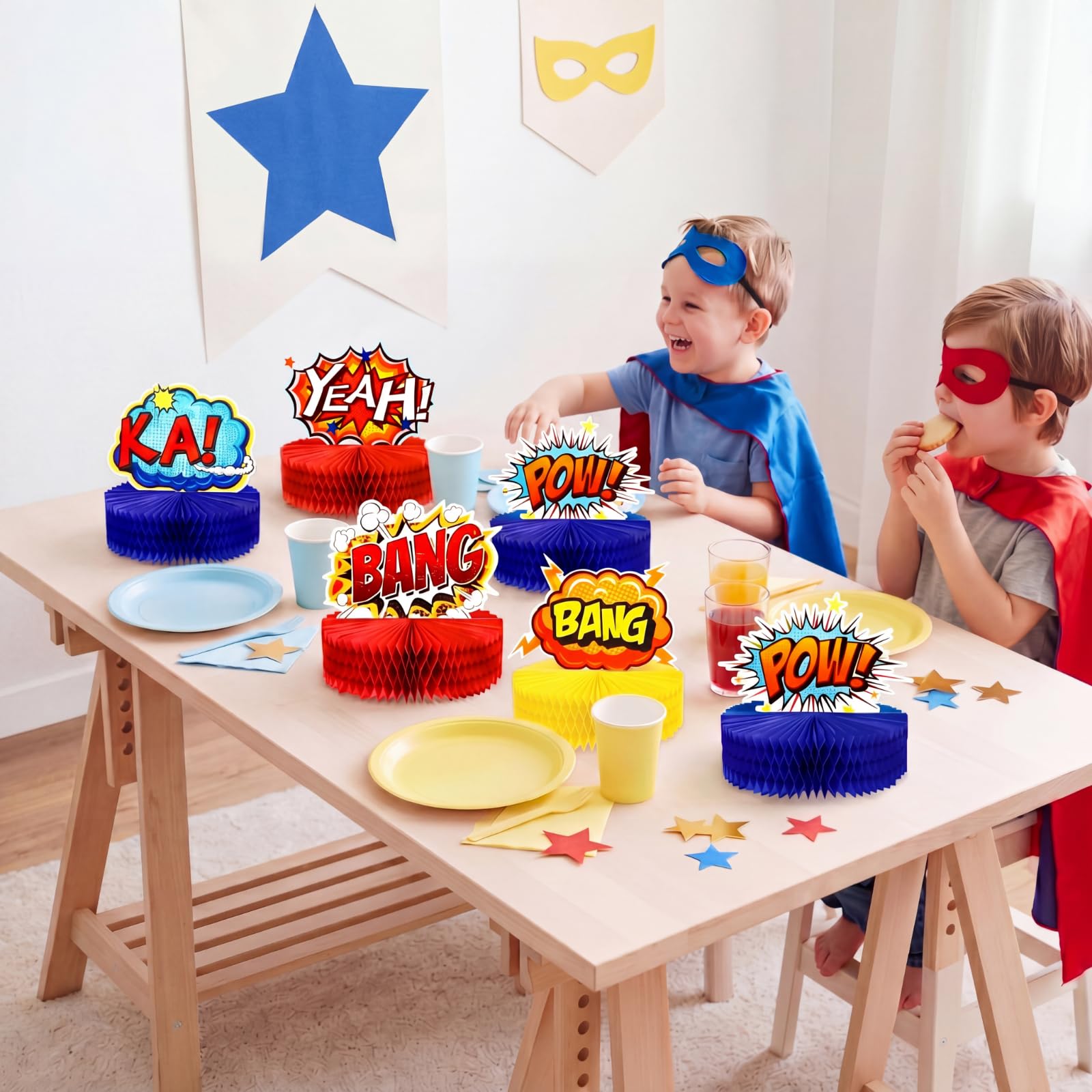 Skylety 6 Pcs Hero Party Decoration for Class Honeycomb Centerpieces 3D Table Topper Paper Large Word Action Sign Table Topper Decor 7.5 x 7.8 Inch