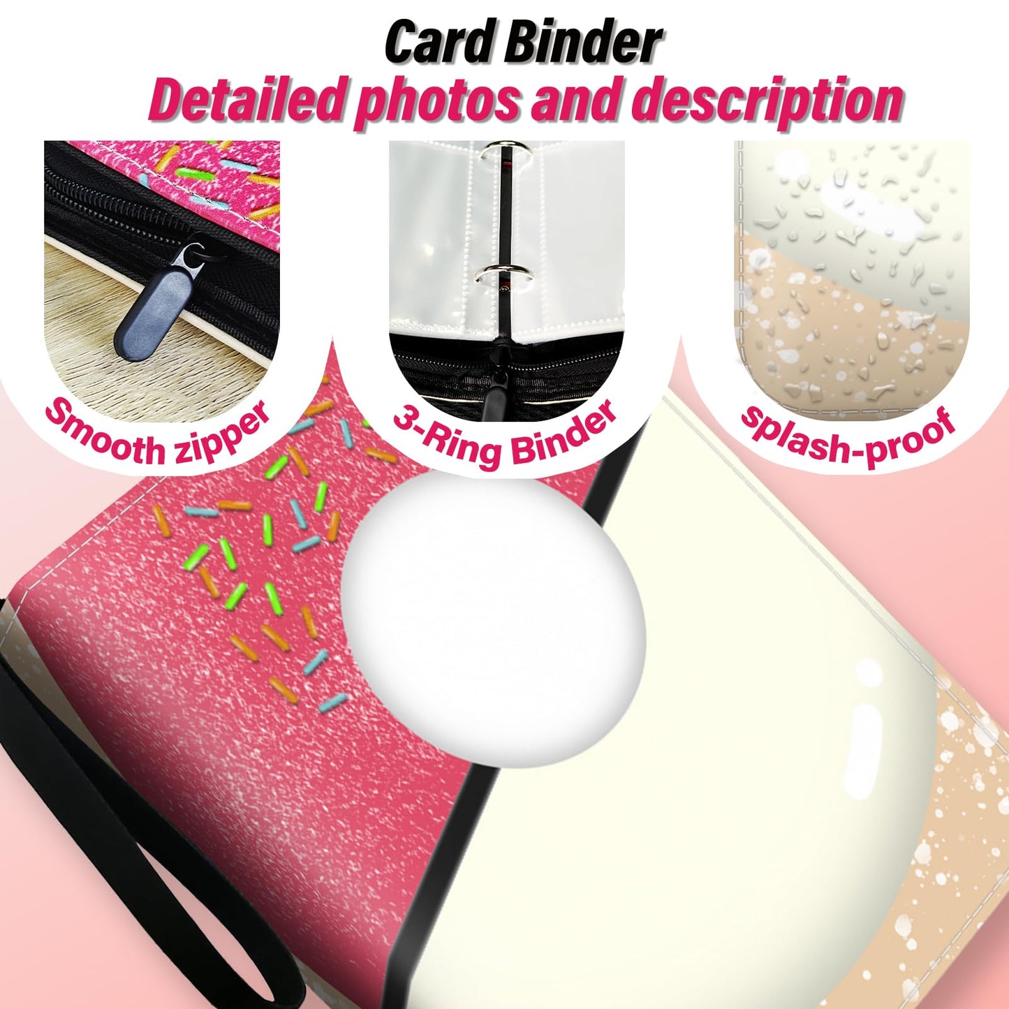 FiroGltter Card Binder Donuts Trading Card Binder Pink Card Holder 4 Pocket Zipper Binder for Collection Card Sports Cards Football Play Cards Storage