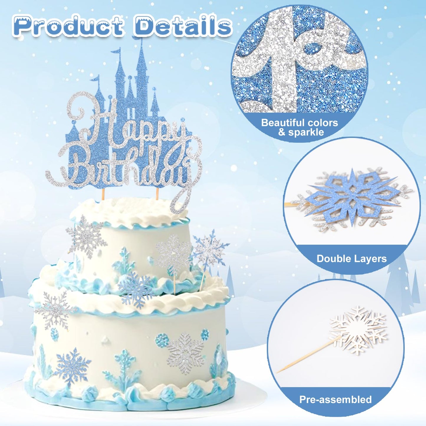 2Pcs Frozen Cake Toppers for Princess Winter Wonderland Theme Party Decor