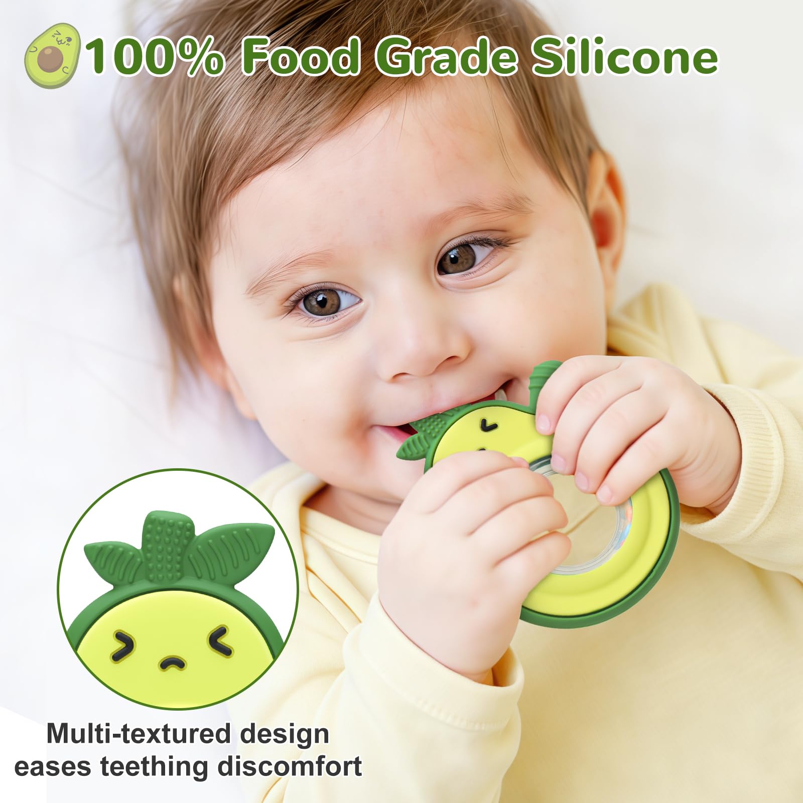 MISSLILI Teething Toy for Babies, Silicone Avocado Shape with Rattle Teether for Infants 0-3-6-12 Months, Sensory Chew Toys Teething Relief for Boys