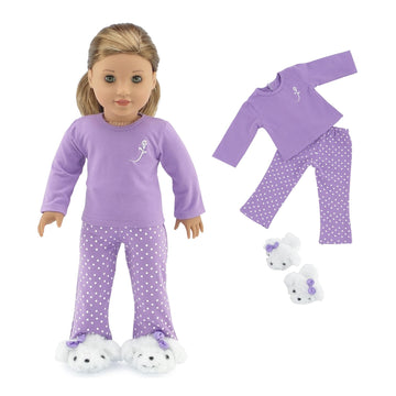 18 Inch Doll Pajamas with Slippers - Purple Polka Dot PJ Set Compatible with American Girl Dolls, 3 Piece Emily Rose Doll Clothes Sleep Outfit for 18"