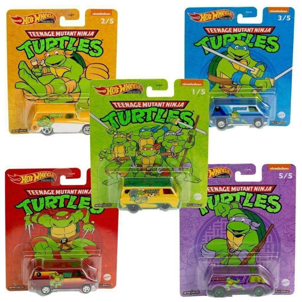 Hot Wheels 2022 Premium Pop Culture TMNT Teenage Mutant Ninja Turtles Complete Set of 5 Die?Cast Vehicles, 1:64 Scale, DLB45-946N, Ages 3+