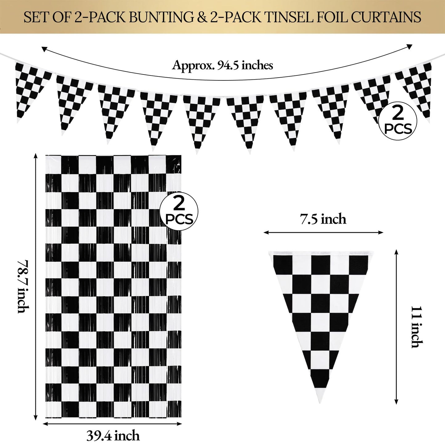 4 Pack Black White Checkered Party Decoration Set, 2 Pack 3.3ft x 6.6 ft Black White Checkerboard Foil Fringe Tinsel Streamer Curtain Backdrop + 2