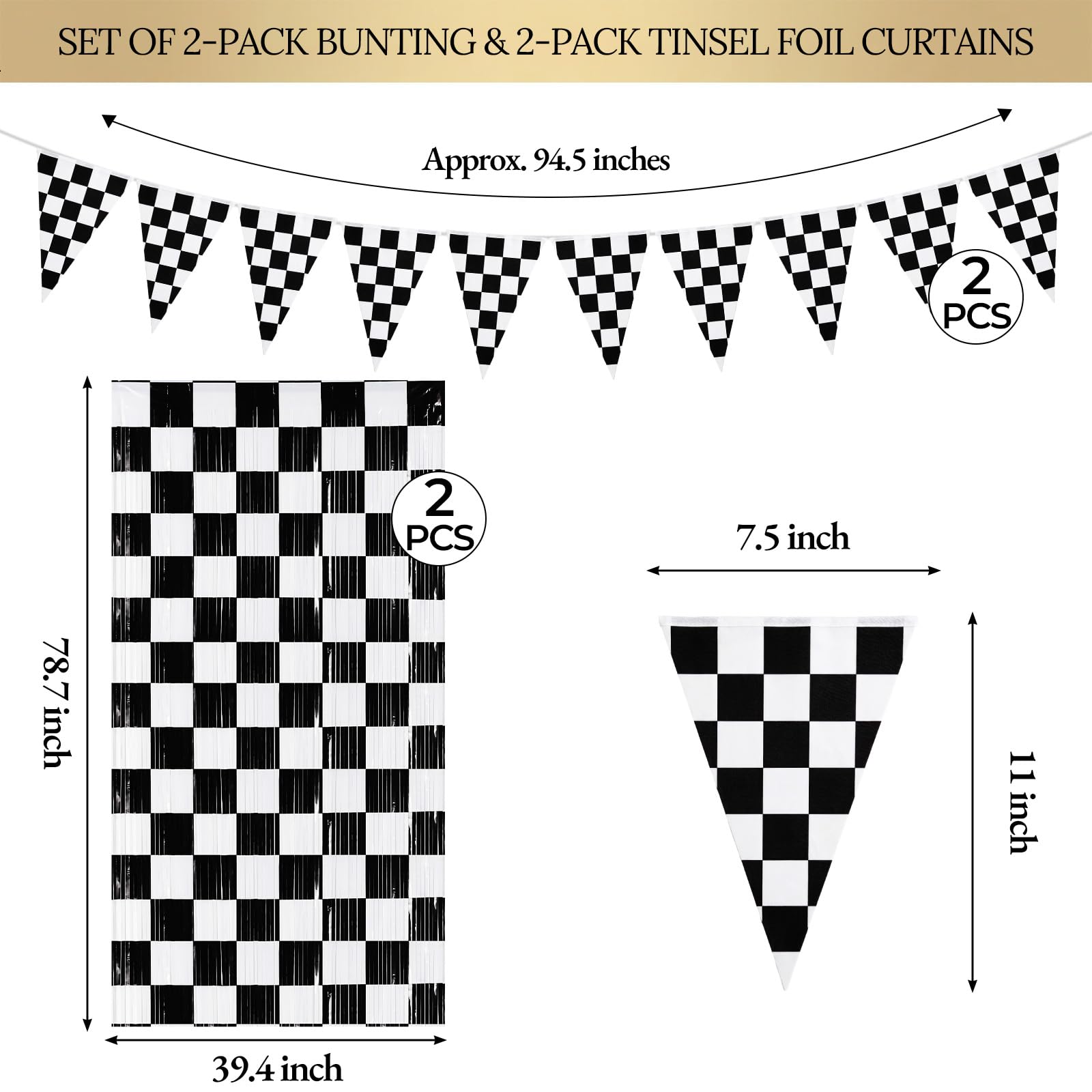 4 Pack Black White Checkered Party Decoration Set, 2 Pack 3.3ft x 6.6 ft Black White Checkerboard Foil Fringe Tinsel Streamer Curtain Backdrop + 2