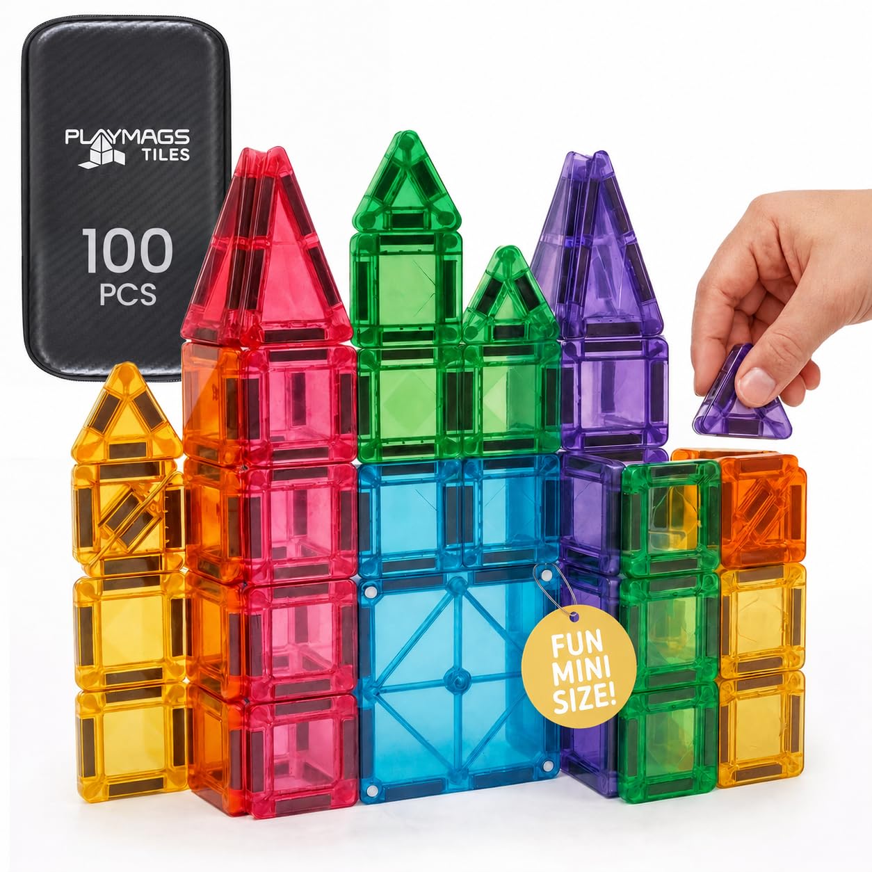 Playmags Mini Magnetic Tiles for Kids 100-Piece Set | Travel Magnetic Blocks | STEM Sensory Educational Toys | Portable Toddler Building Toys | Gift
